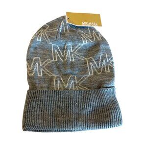Michael Kors Gray Knit Beanie Hat NEW MK Logo Design One Size Fold Over Cuff